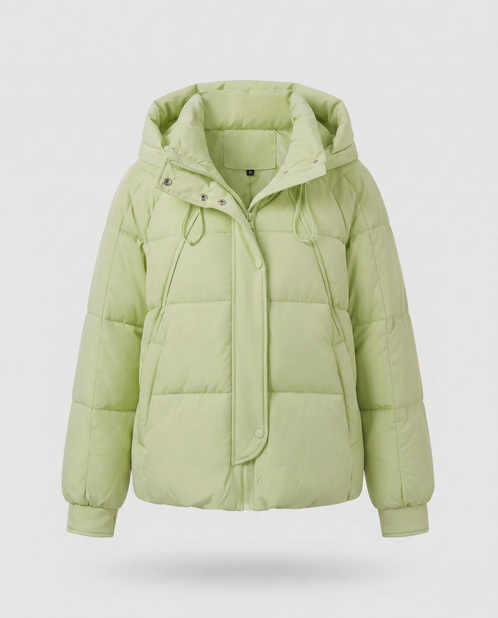 Women's short padded hooded quilted jacket with drawstring, concealed zipper and elastic cuffs