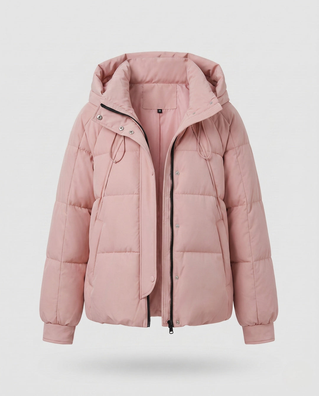 Women's short padded hooded quilted jacket with drawstring, concealed zipper and elastic cuffs