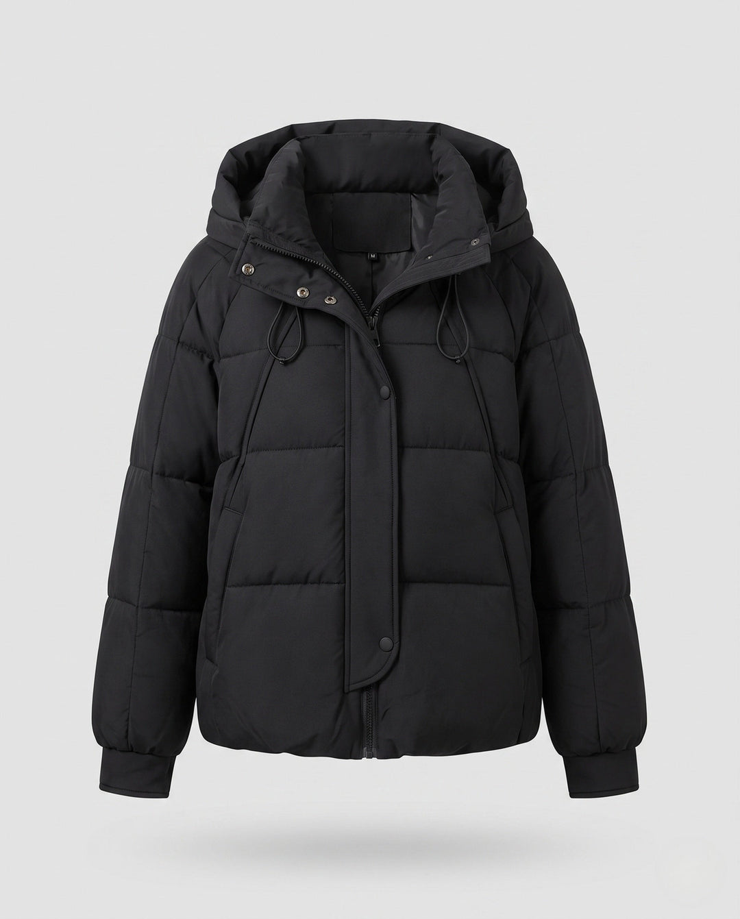 Women's short padded hooded quilted jacket with drawstring, concealed zipper and elastic cuffs