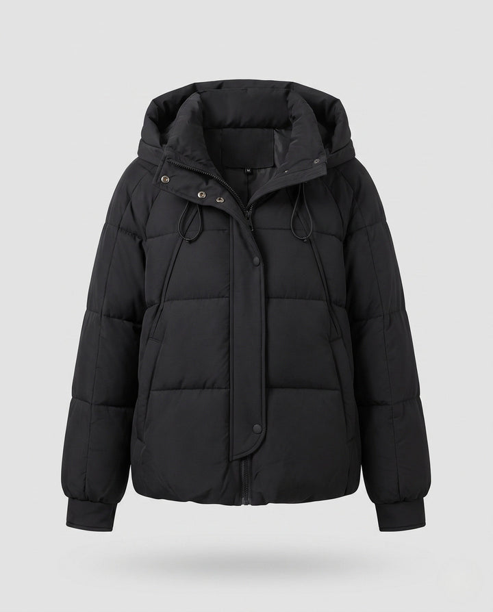 Women's short padded hooded quilted jacket with drawstring, concealed zipper and elastic cuffs