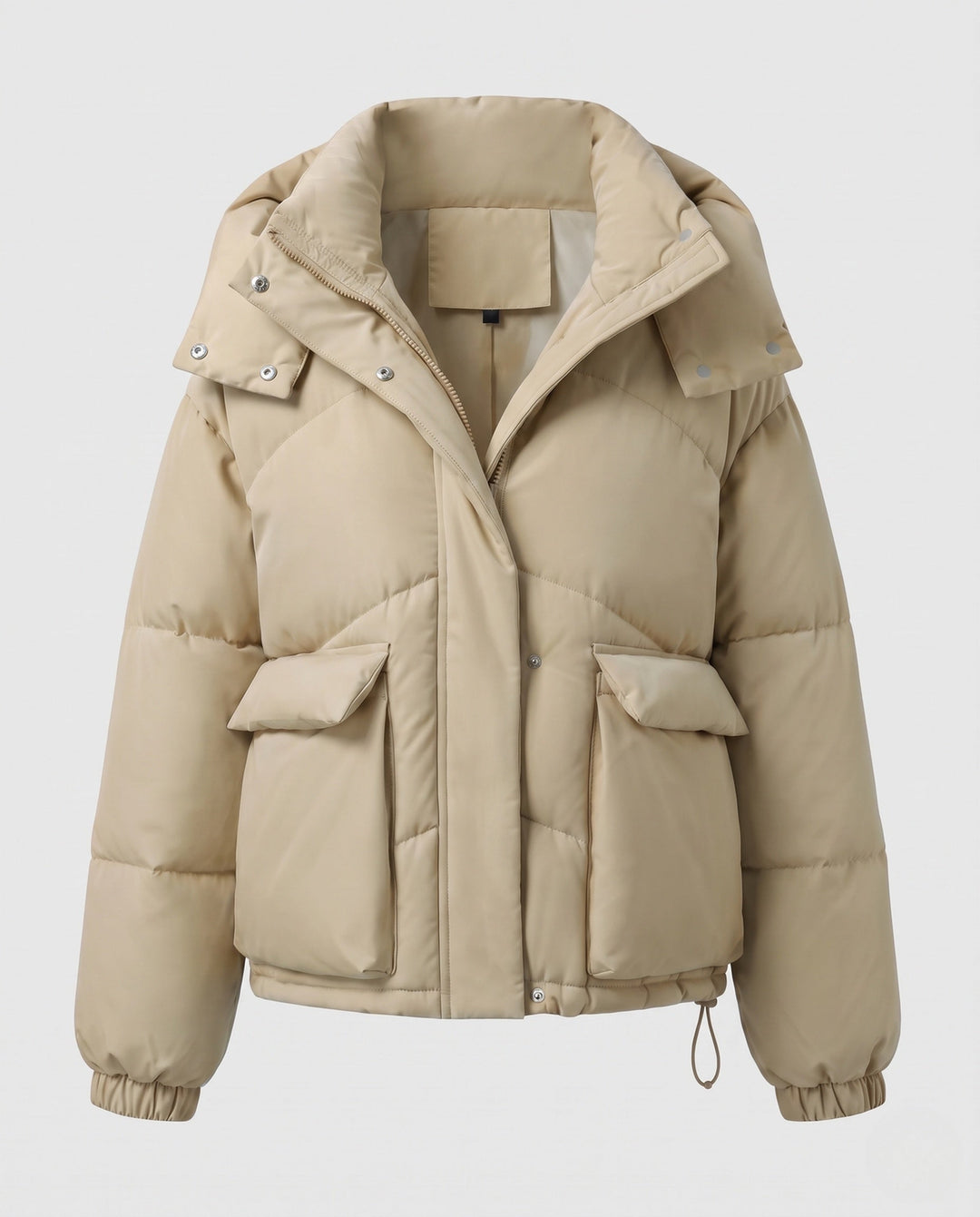 Ladies' short padded hooded puffer with oversized hood, flap pockets, and adjustable hem