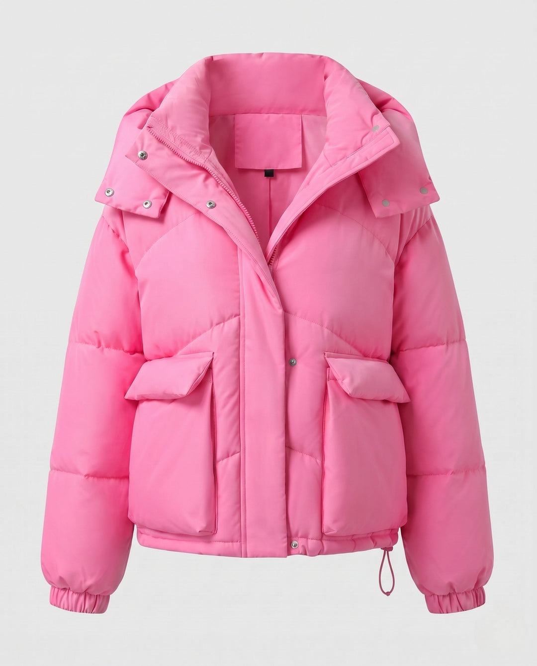 Ladies' short padded hooded puffer with oversized hood, flap pockets, and adjustable hem