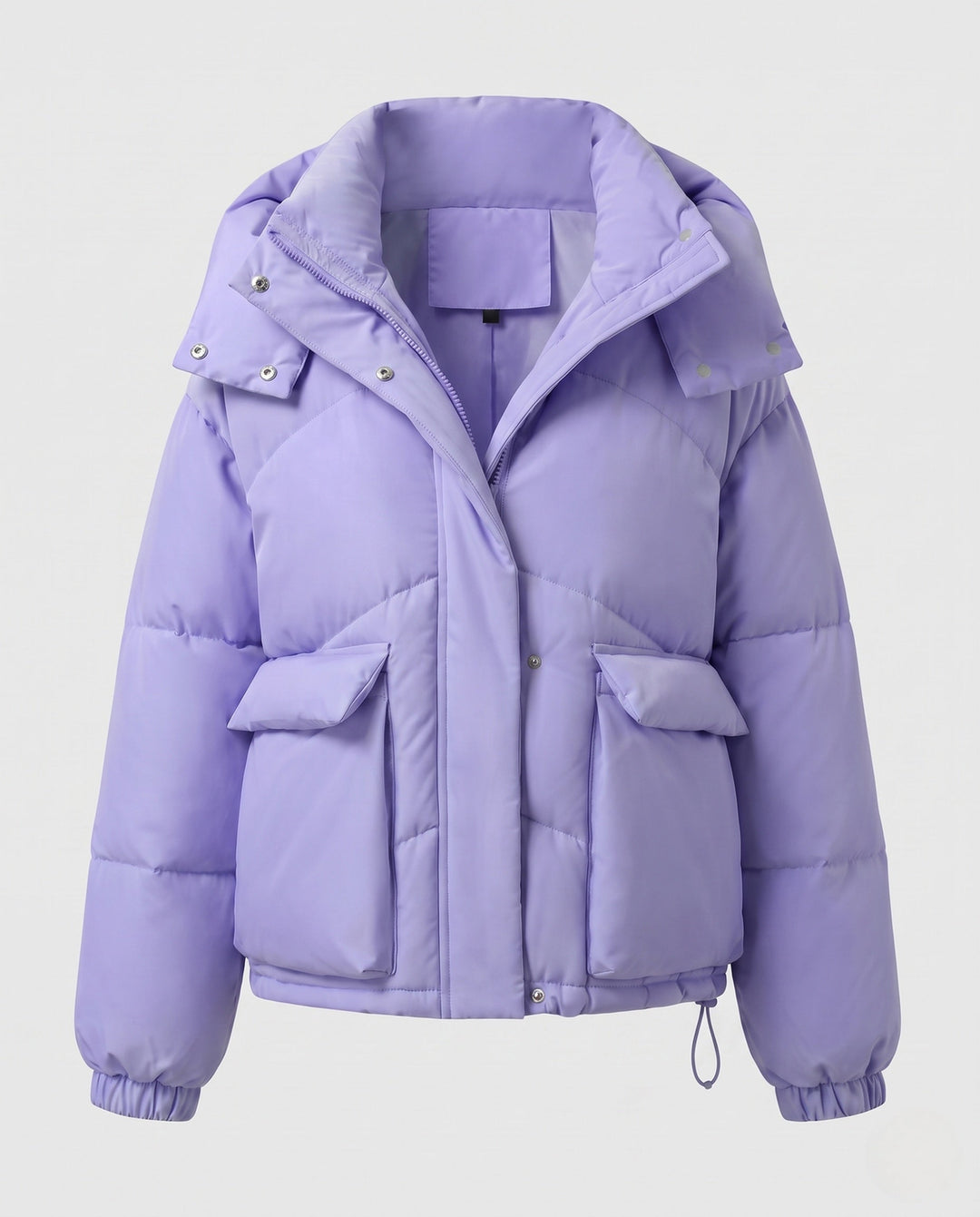 Ladies' short padded hooded puffer with oversized hood, flap pockets, and adjustable hem