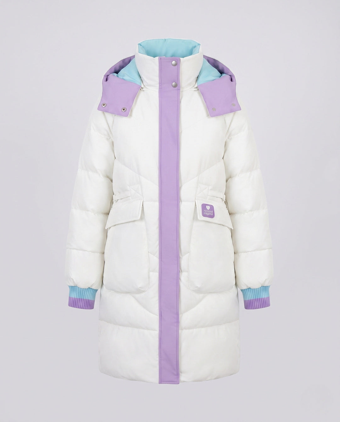 Women's longer padded hooded coat with large flap and patch pocket as well as elastic cuffs