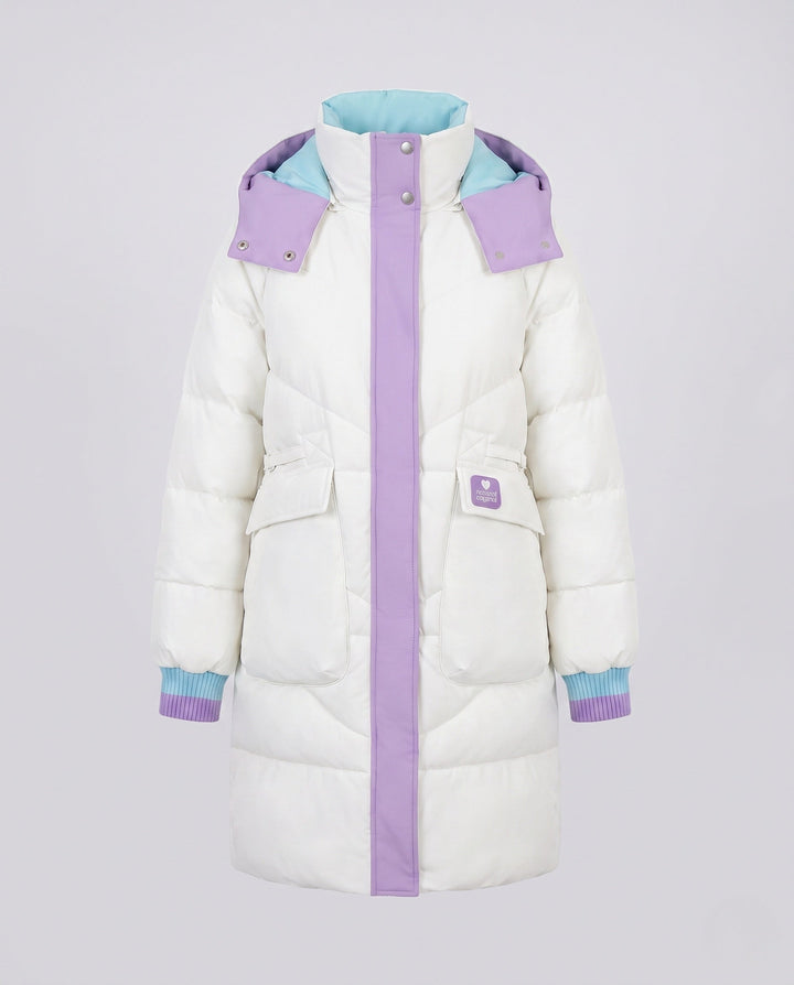 Women's longer padded hooded coat with large flap and patch pocket as well as elastic cuffs