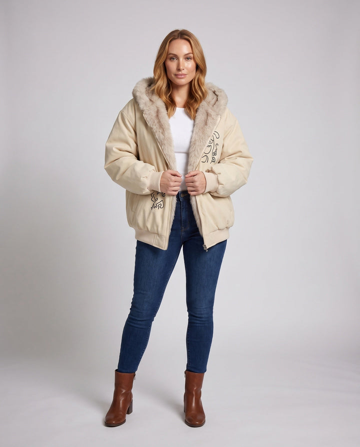 Women's oversized hoodie jacket with faux fur ears and fleece lining, all-round zipper