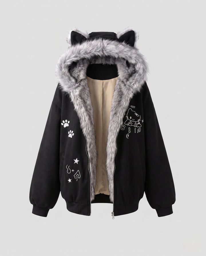 Women's oversized hoodie jacket with faux fur ears and fleece lining, all-round zipper