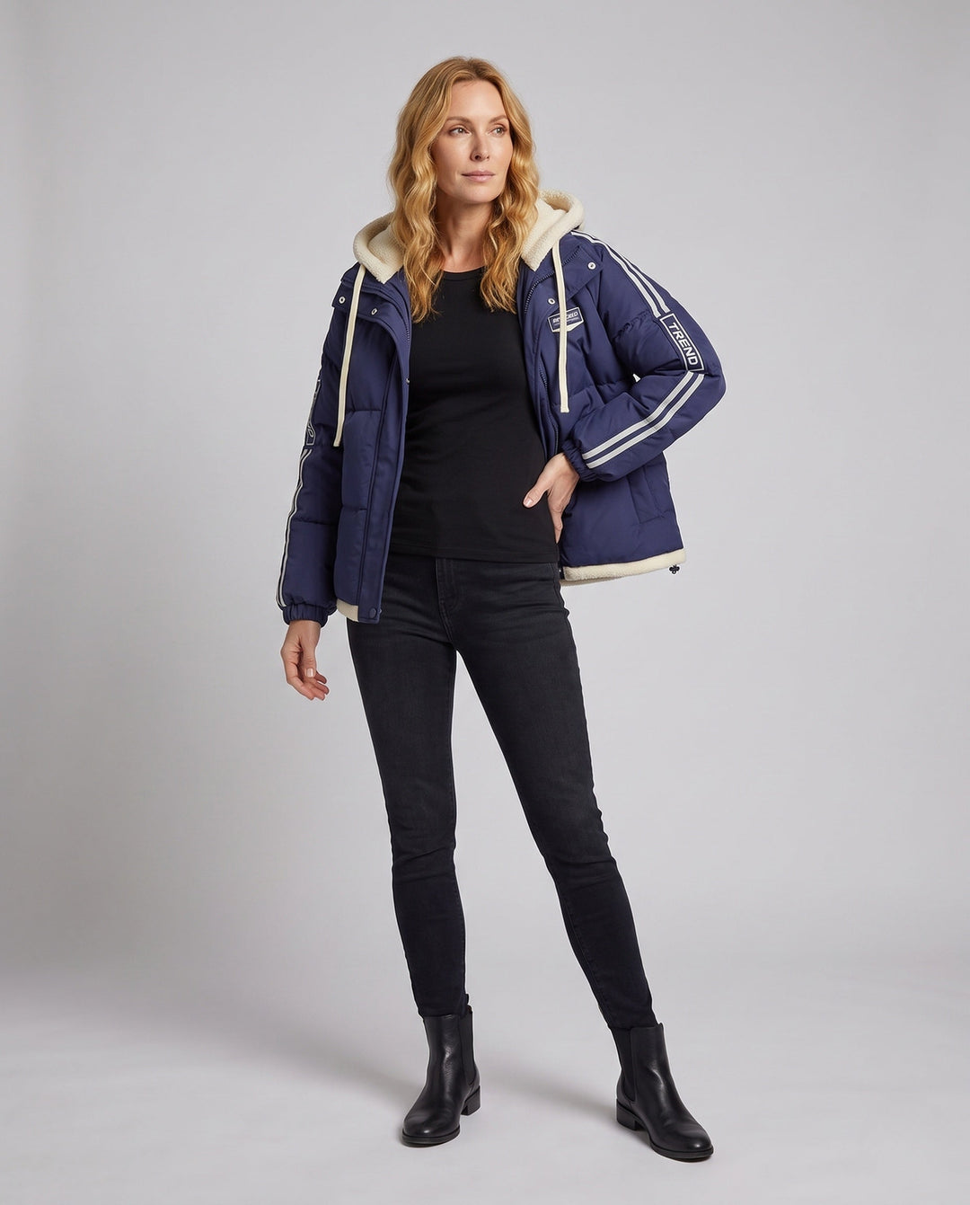 Women's trendy quilted hoodie with high-quality teddy inner construction and sporty striped sleeves