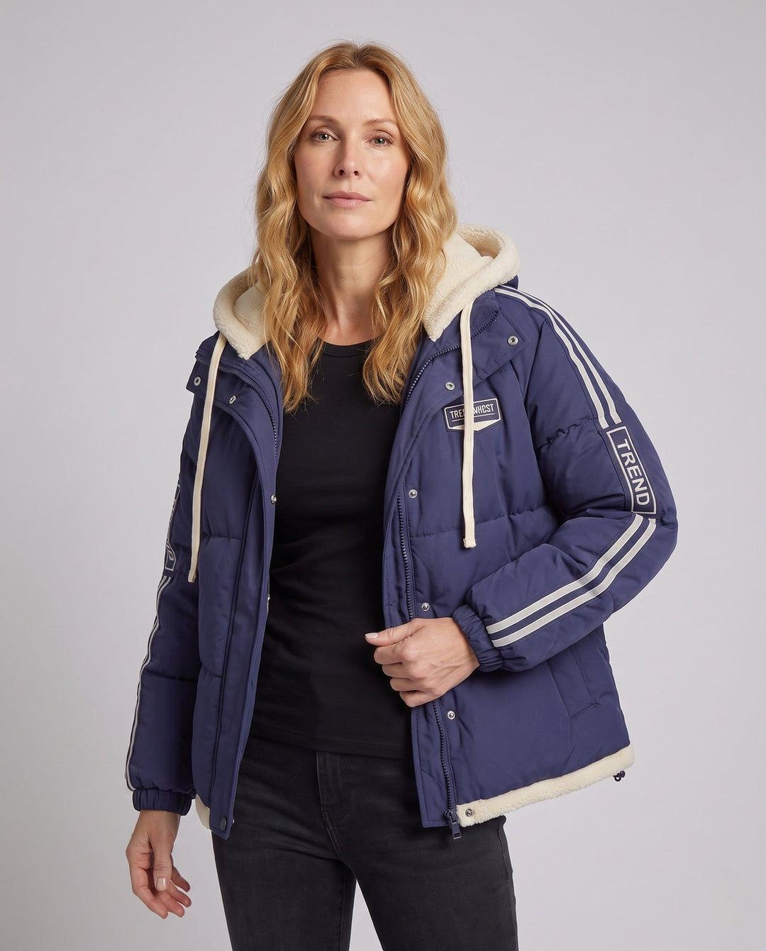 Women's trendy quilted hoodie with high-quality teddy inner construction and sporty striped sleeves