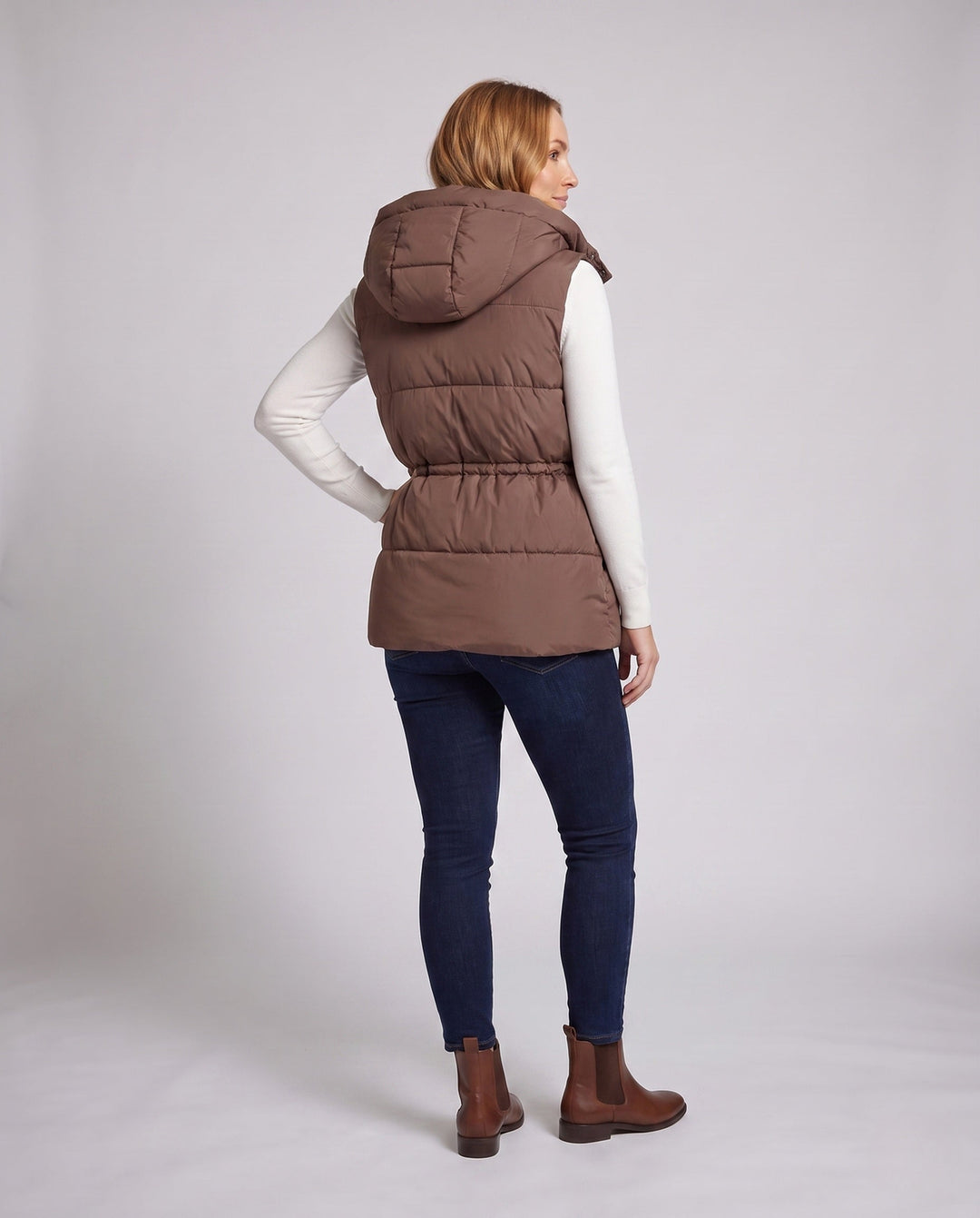 Women's nan quilted hooded vest with waistband drawstring and large side pockets