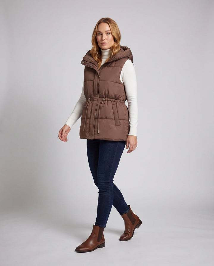 Women's nan quilted hooded vest with waistband drawstring and large side pockets