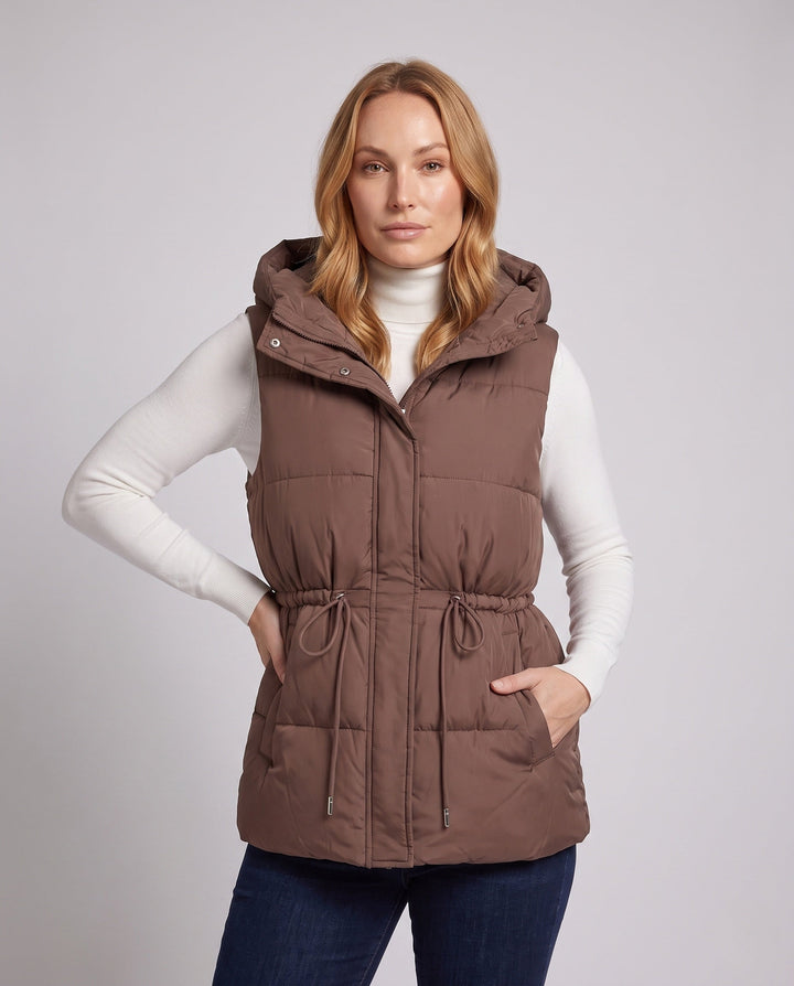 Women's nan quilted hooded vest with waistband drawstring and large side pockets