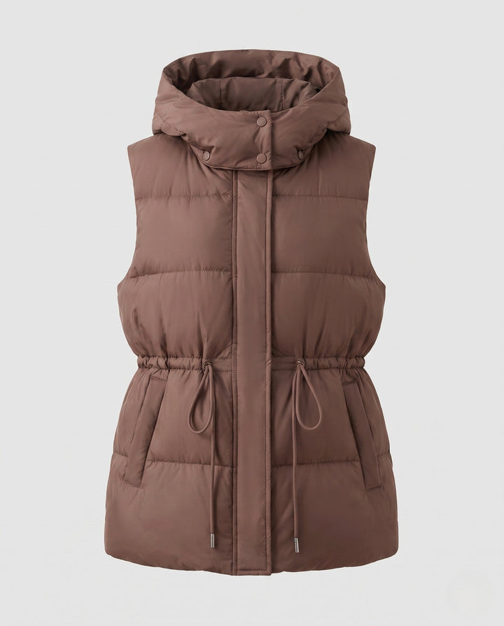 Women's nan quilted hooded vest with waistband drawstring and large side pockets