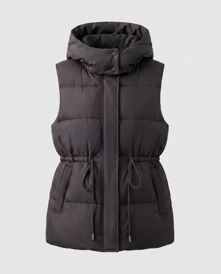 Women's nan quilted hooded vest with waistband drawstring and large side pockets
