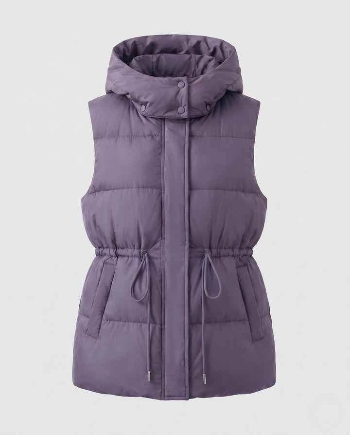 Women's nan quilted hooded vest with waistband drawstring and large side pockets