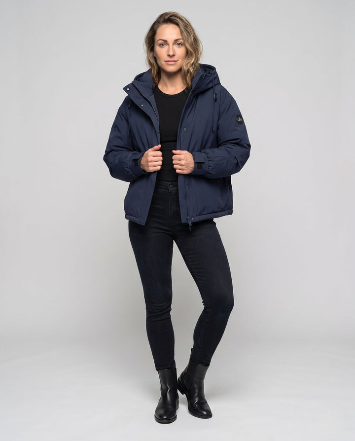 Women's nan windproof hoodie parka in a short cut with thermal padding and concealed front placket