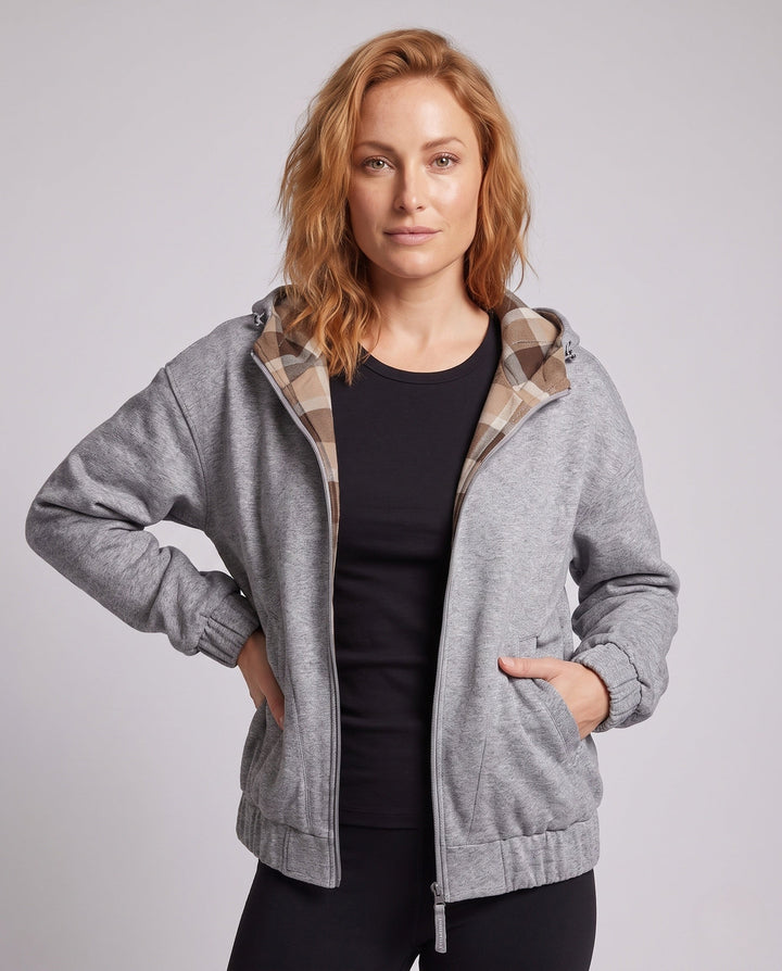 Women's oversized hoodie jacket with checked hood lining, elastic hem, and concealed side pockets