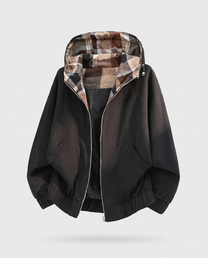 Women's oversized hoodie jacket with checked hood lining, elastic hem, and concealed side pockets