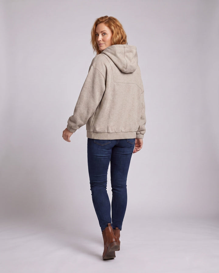 Women's oversized hoodie with half zipper, checkered lined hood, windproof inner layer, and patch snap-button pockets