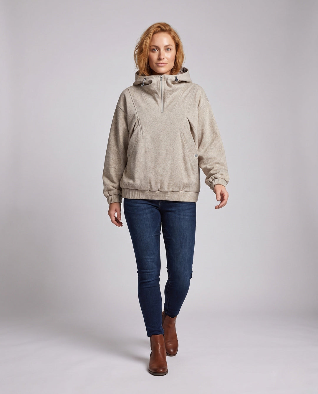 Women's oversized hoodie with half zipper, checkered lined hood, windproof inner layer, and patch snap-button pockets