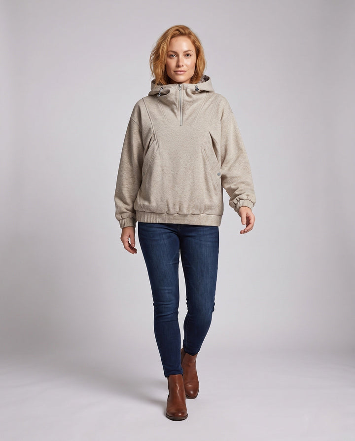Women's oversized hoodie with half zipper, checkered lined hood, windproof inner layer, and patch snap-button pockets
