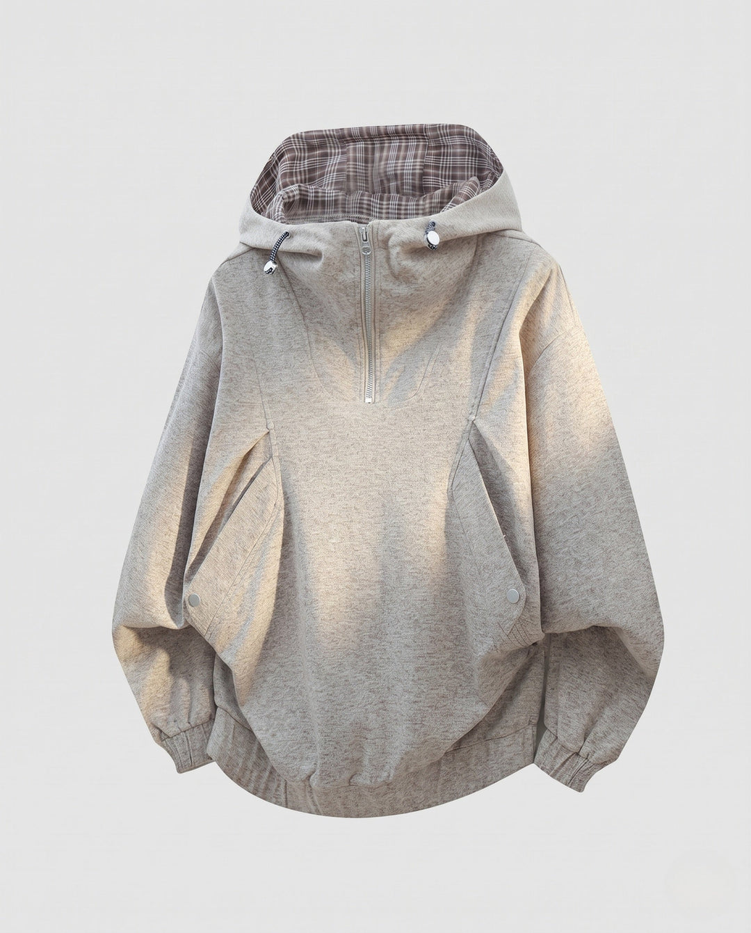 Women's oversized hoodie with half zipper, checkered lined hood, windproof inner layer, and patch snap-button pockets