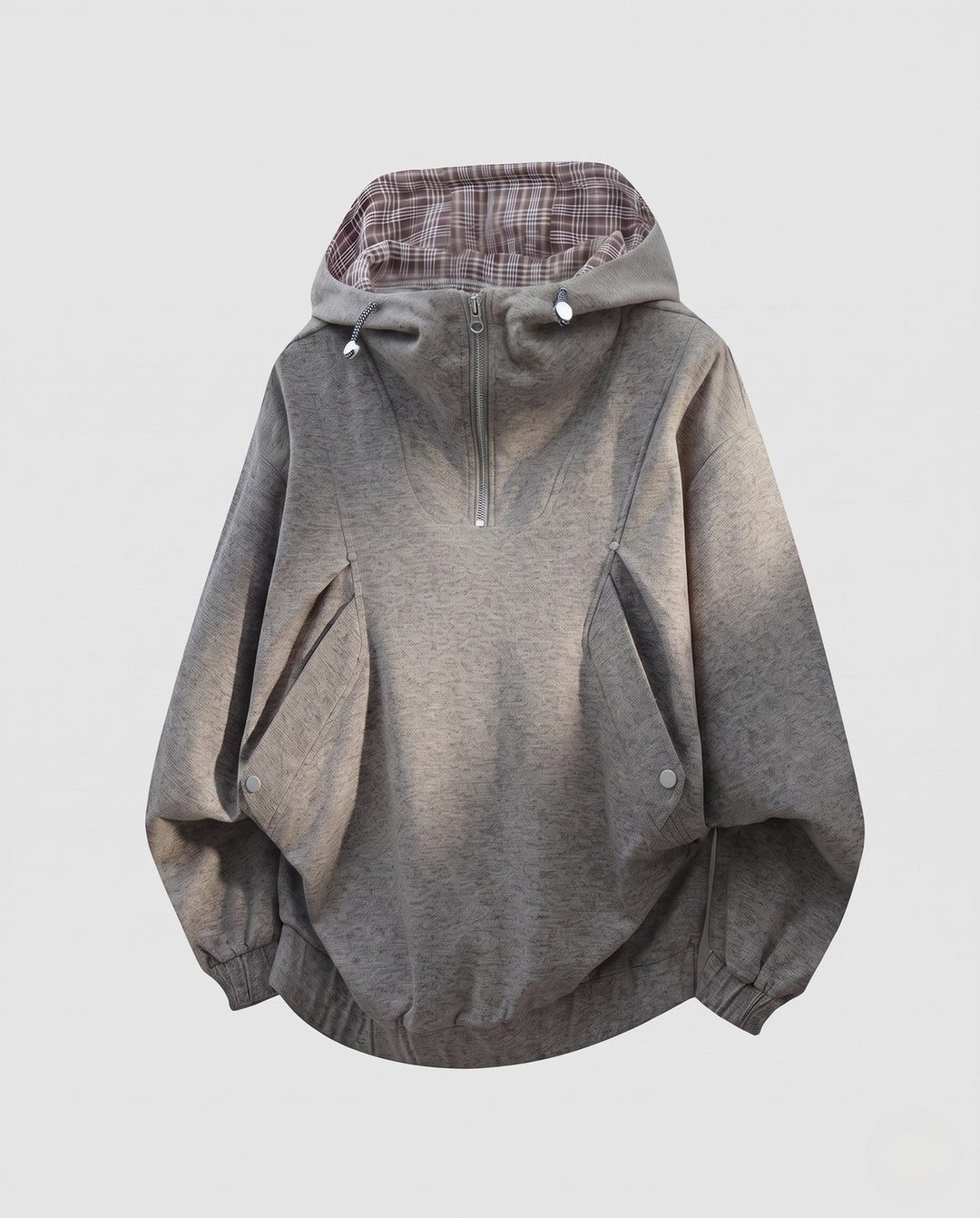 Women's oversized hoodie with half zipper, checkered lined hood, windproof inner layer, and patch snap-button pockets
