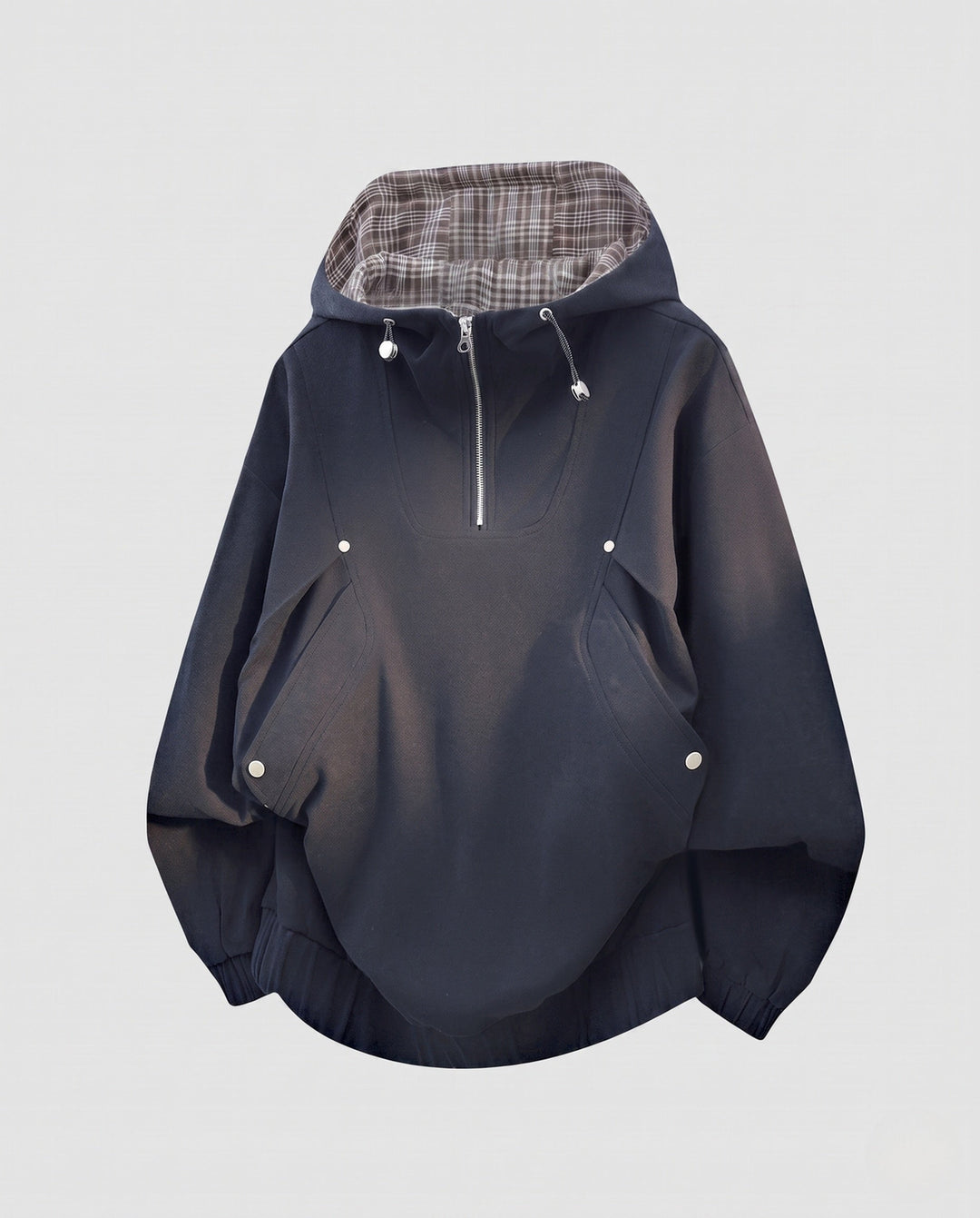 Women's oversized hoodie with half zipper, checkered lined hood, windproof inner layer, and patch snap-button pockets