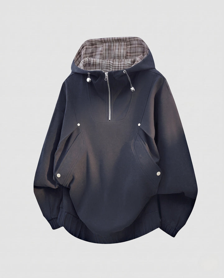 Women's oversized hoodie with half zipper, checkered lined hood, windproof inner layer, and patch snap-button pockets