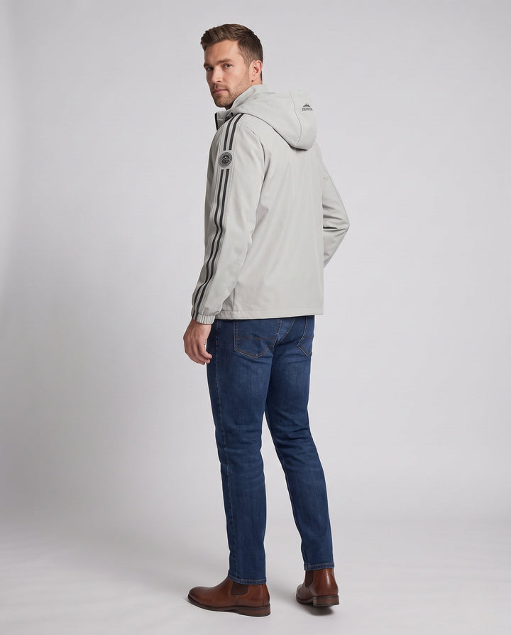 Men's breathable hooded softshell jacket with reflective arm stripes