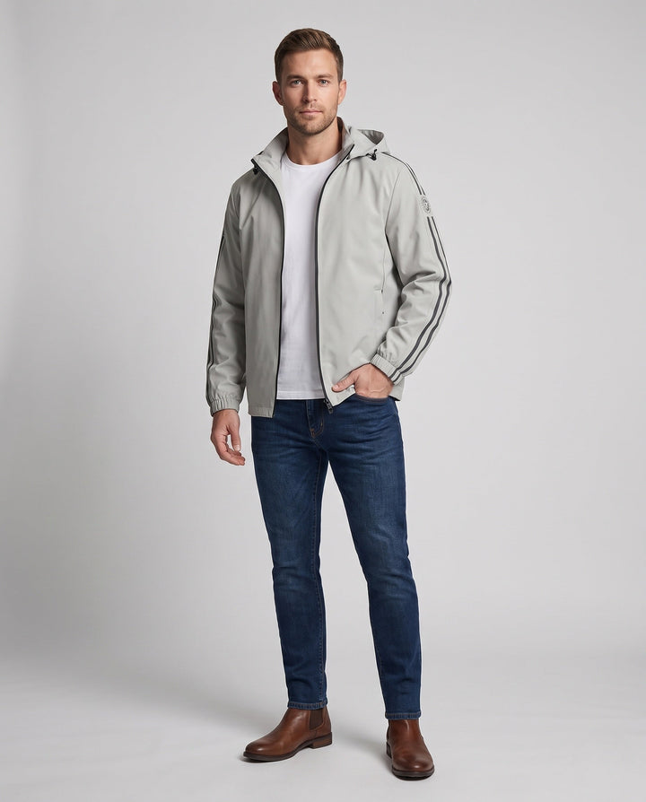 Men's breathable hooded softshell jacket with reflective arm stripes