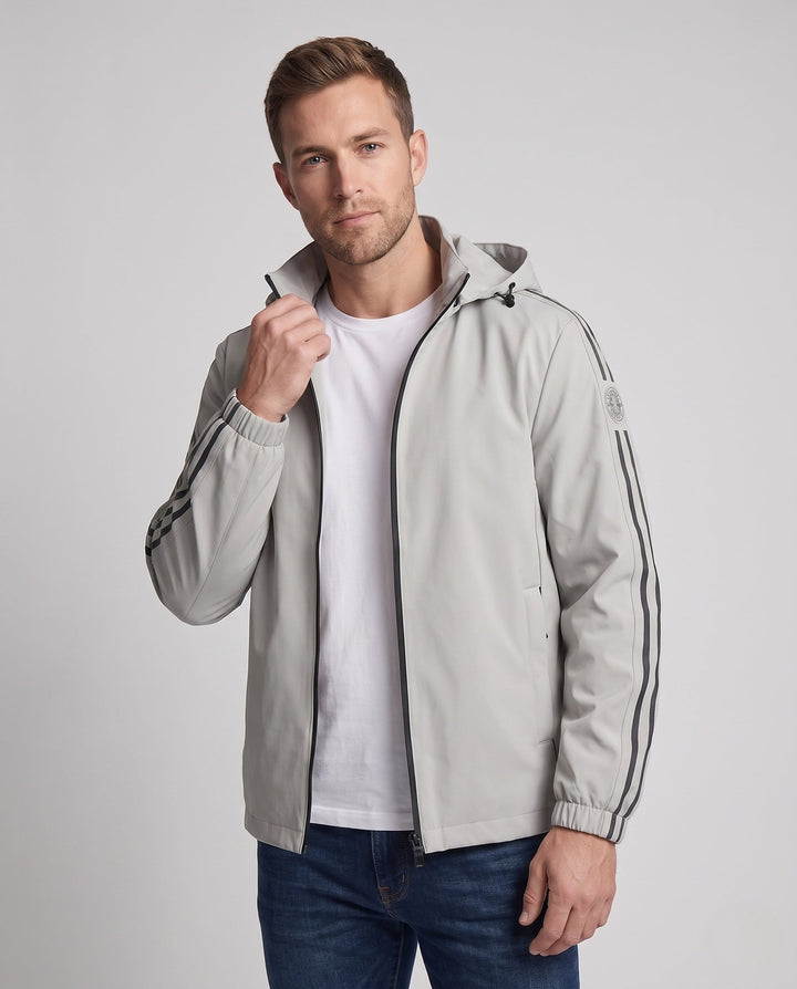 Men's breathable hooded softshell jacket with reflective arm stripes