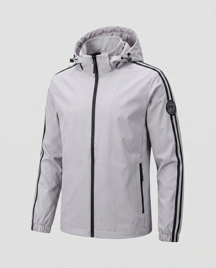 Men's breathable hooded softshell jacket with reflective arm stripes