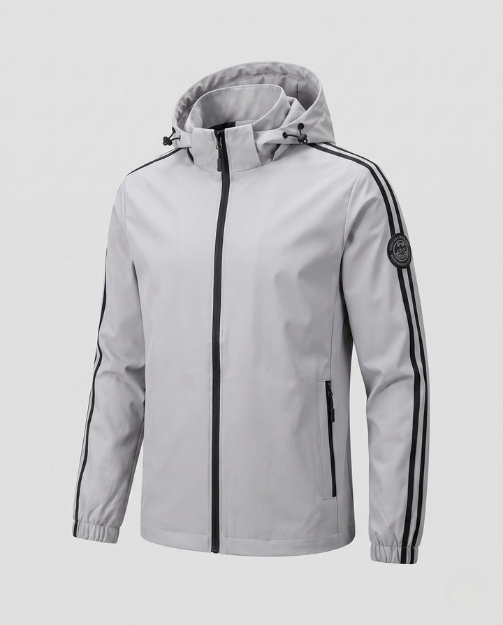 Men's breathable hooded softshell jacket with reflective arm stripes