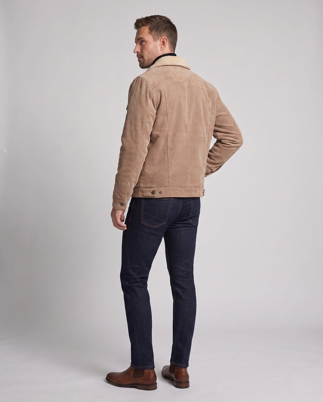 Men's cord field jacket with teddy collar, warming fleece lining and multifunctional breast pockets