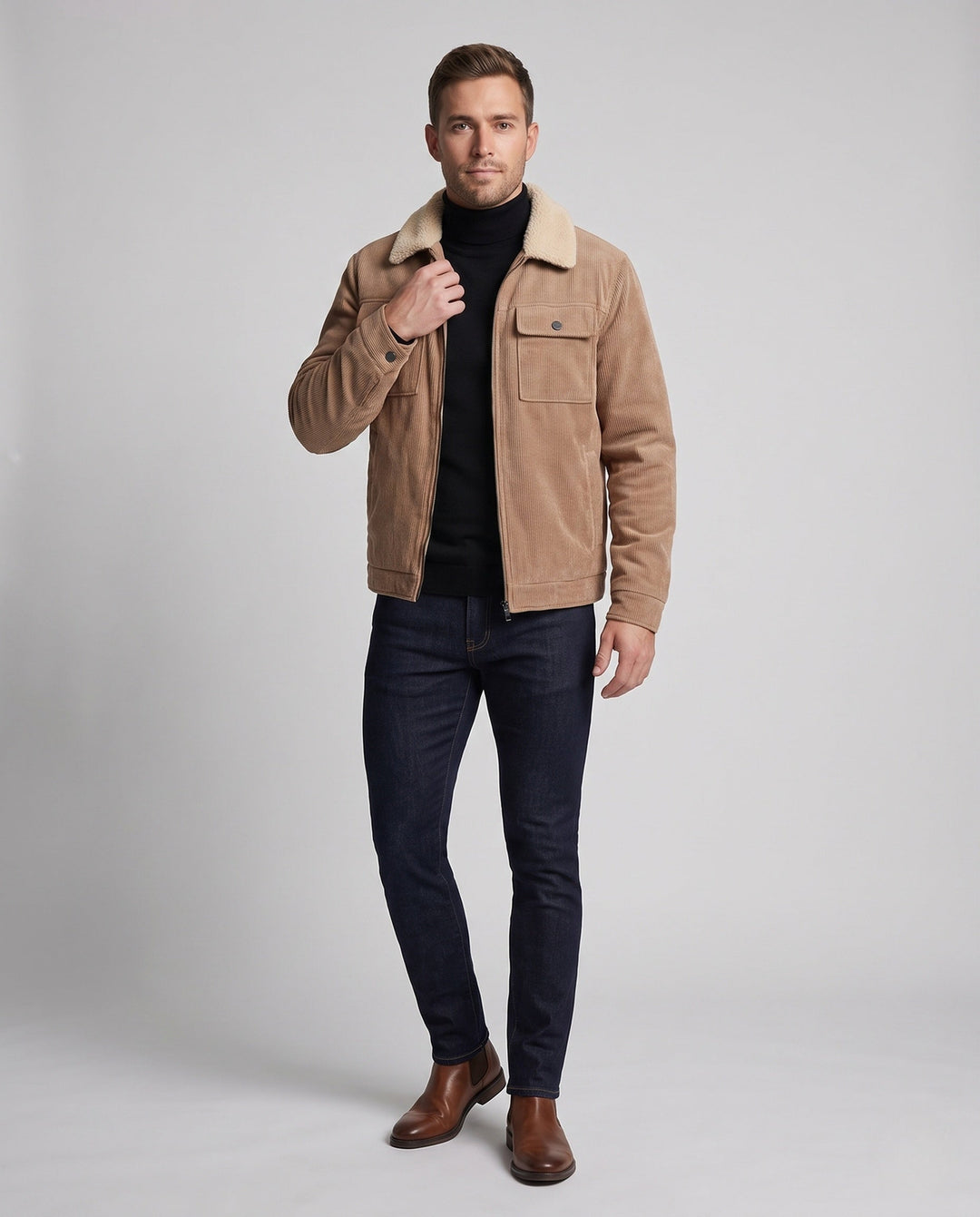Men's cord field jacket with teddy collar, warming fleece lining and multifunctional breast pockets