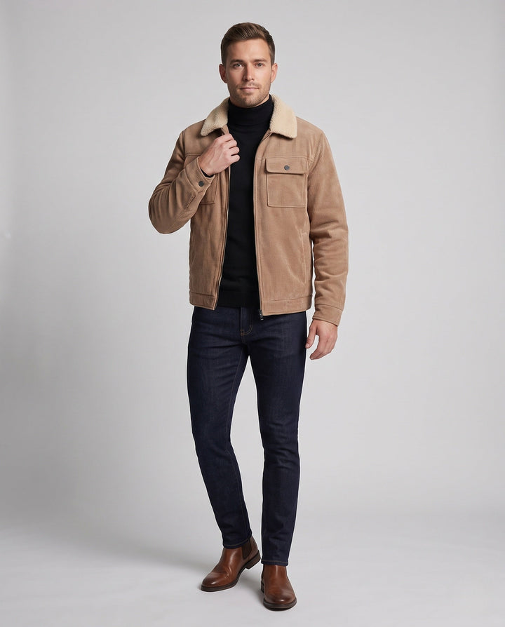 Men's cord field jacket with teddy collar, warming fleece lining and multifunctional breast pockets