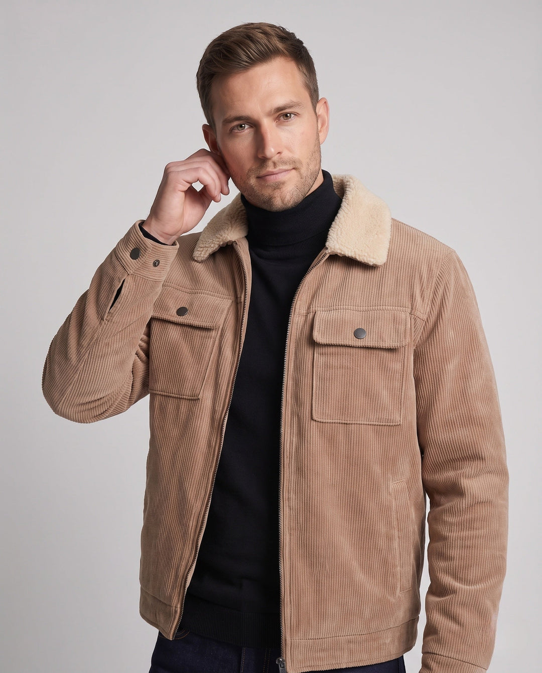Men's cord field jacket with teddy collar, warming fleece lining and multifunctional breast pockets