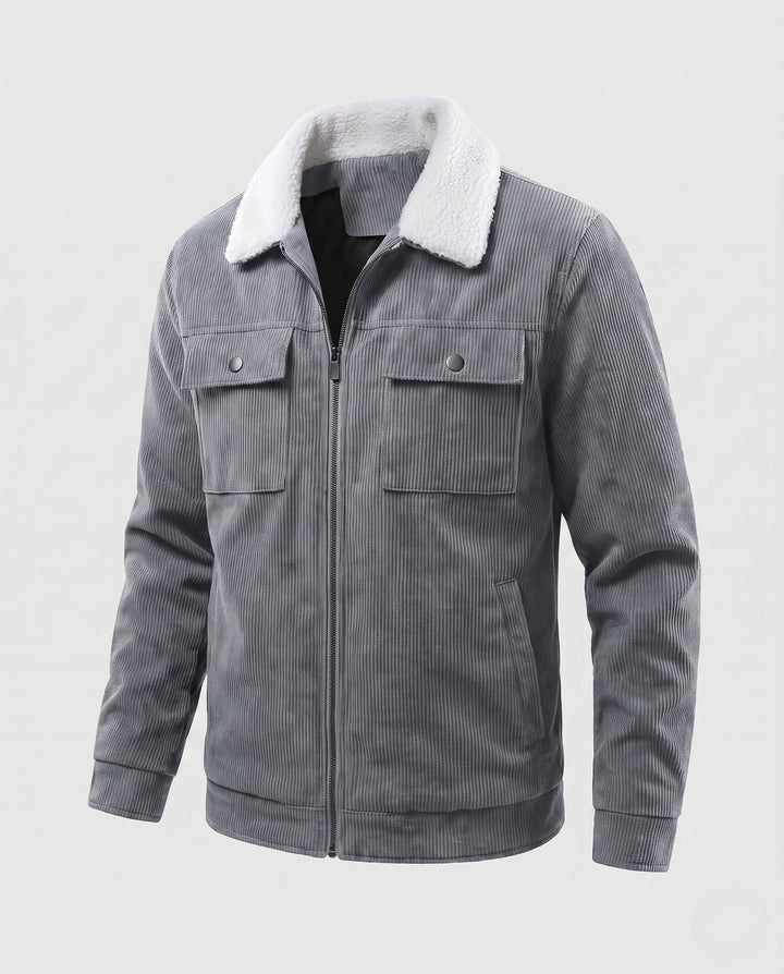 Men's cord field jacket with teddy collar, warming fleece lining and multifunctional breast pockets