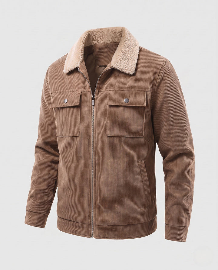 Men's cord field jacket with teddy collar, warming fleece lining and multifunctional breast pockets