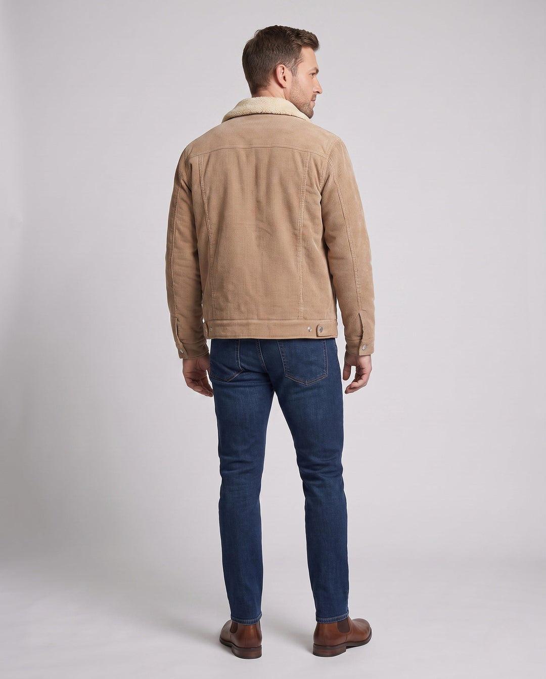 Men's cord workwear jacket with teddy fleece lining and chest zipper