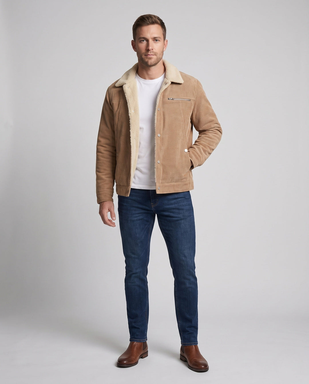 Men's cord workwear jacket with teddy fleece lining and chest zipper