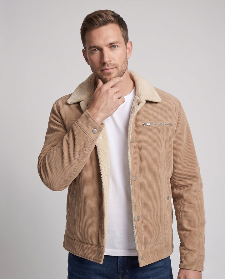 Men's cord workwear jacket with teddy fleece lining and chest zipper
