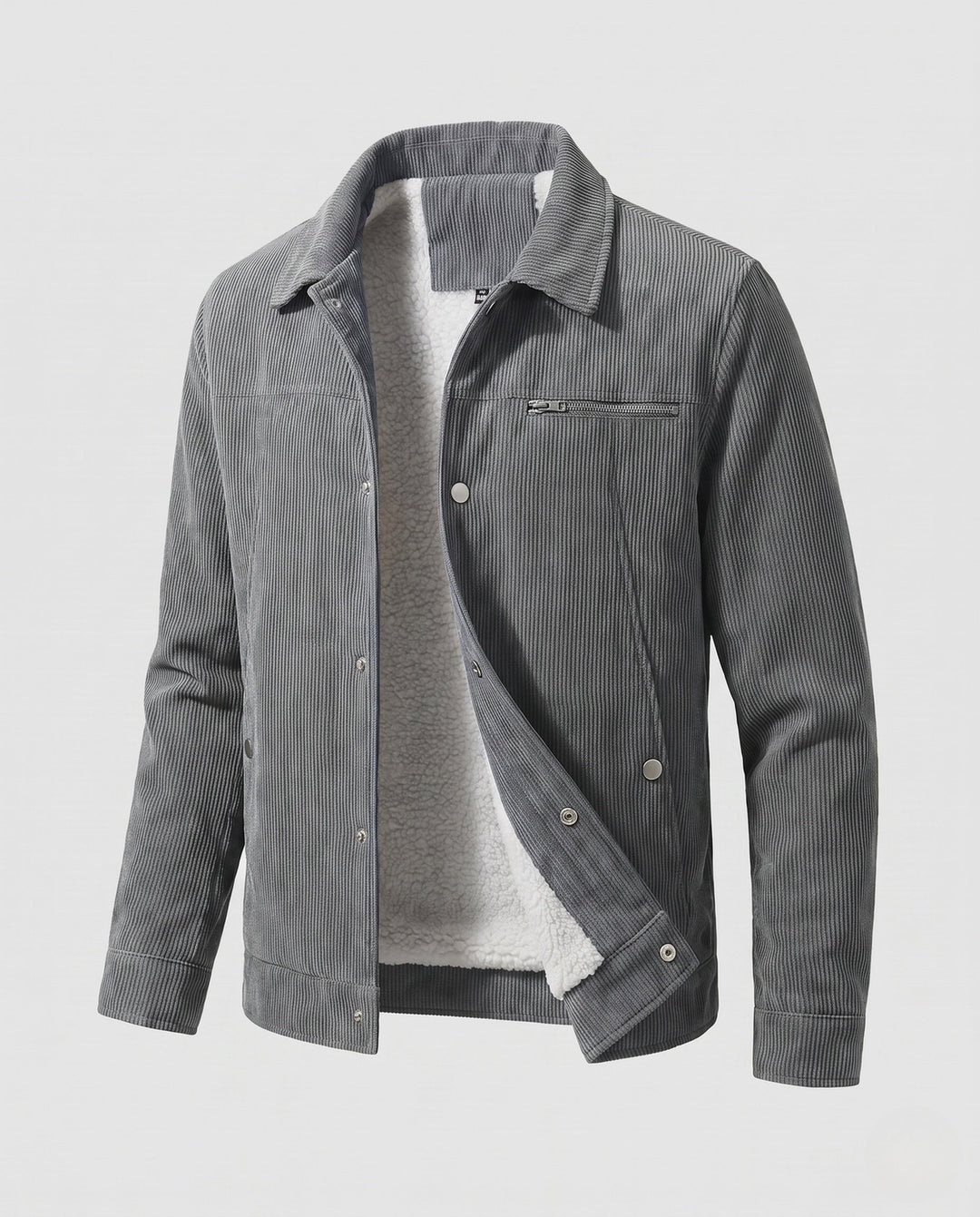 Men's cord workwear jacket with teddy fleece lining and chest zipper