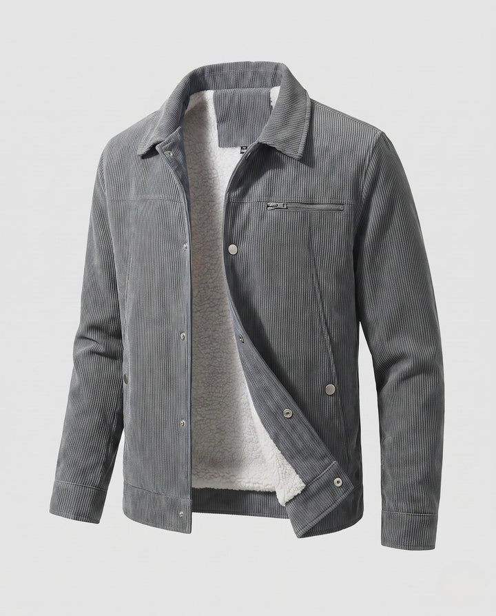 Men's cord workwear jacket with teddy fleece lining and chest zipper