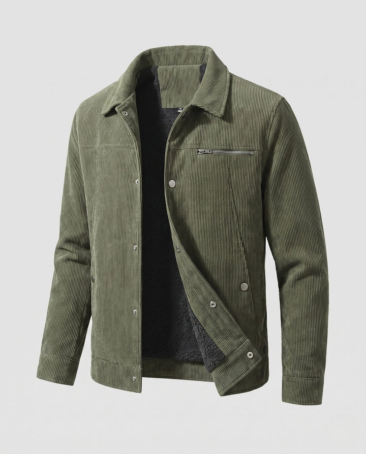 Men's cord workwear jacket with teddy fleece lining and chest zipper