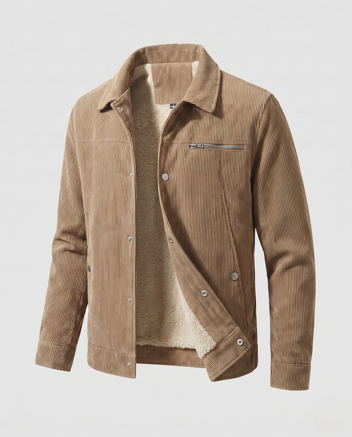 Men's cord workwear jacket with teddy fleece lining and chest zipper