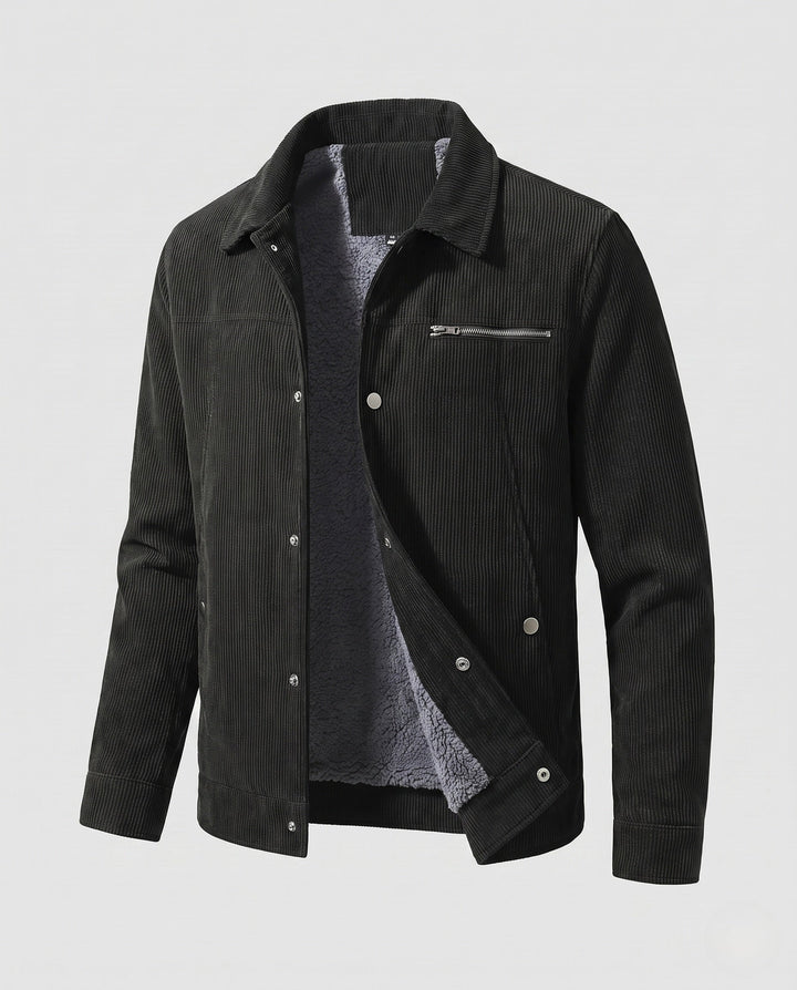 Men's cord workwear jacket with teddy fleece lining and chest zipper