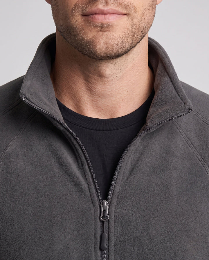 Men's fleece trekking jacket with stand-up collar, raglan sleeves, and concealed zipper