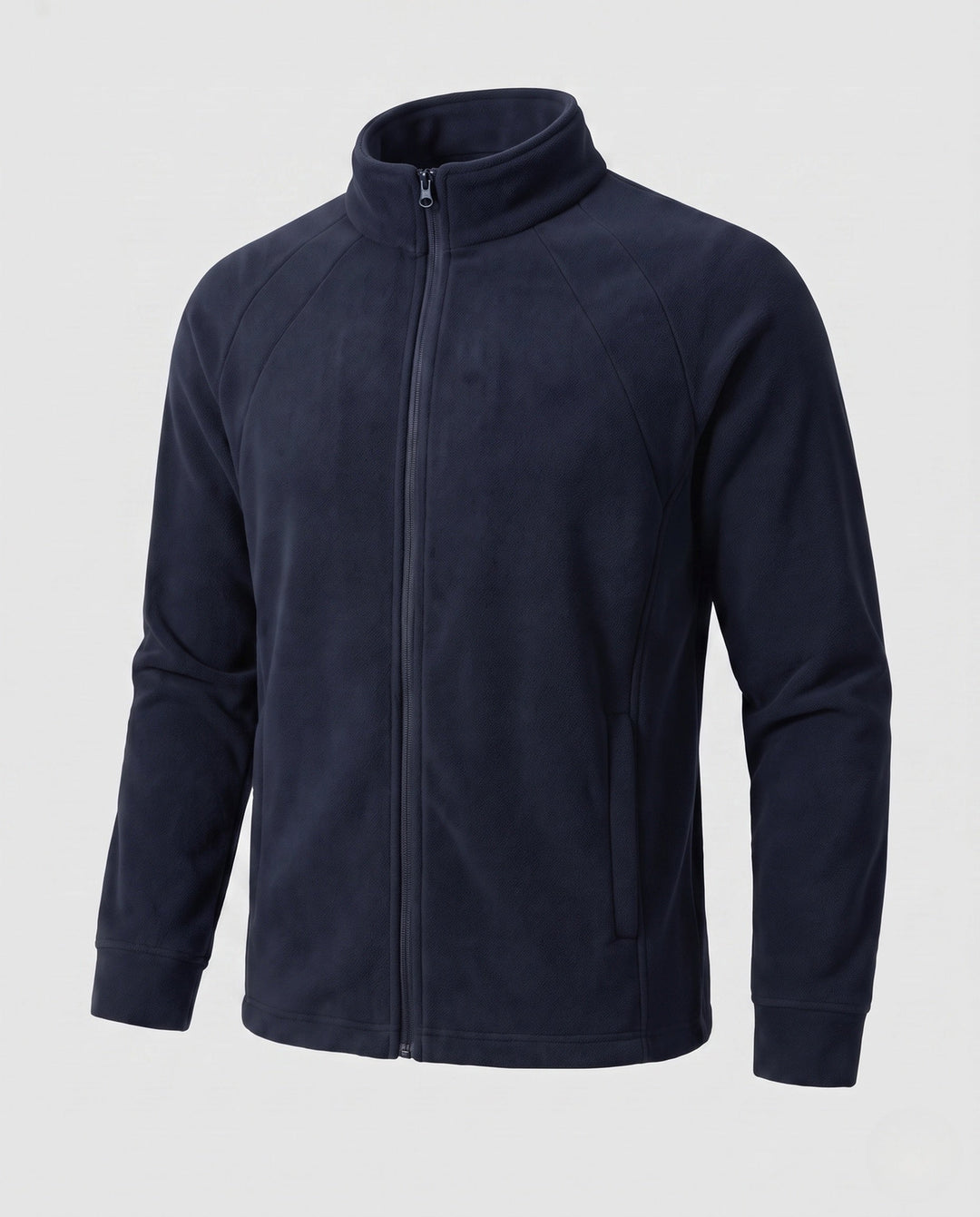Men's fleece trekking jacket with stand-up collar, raglan sleeves, and concealed zipper